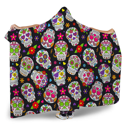 Sugar Skull Pattern Print Hooded Blanket