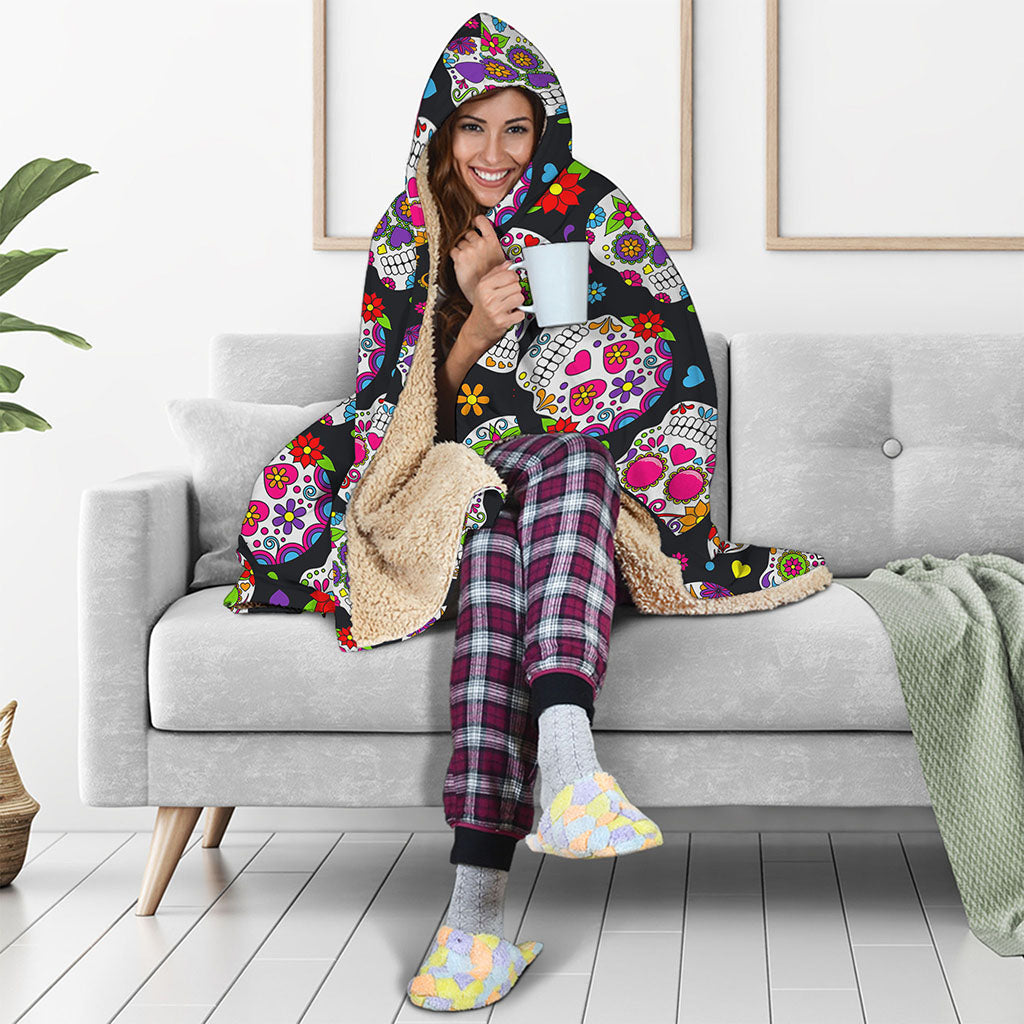 Sugar Skull Pattern Print Hooded Blanket