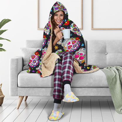 Sugar Skull Pattern Print Hooded Blanket
