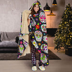 Sugar Skull Pattern Print Hooded Blanket