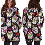 Sugar Skull Pattern Print Hoodie Dress GearFrost