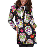 Sugar Skull Pattern Print Hoodie Dress GearFrost
