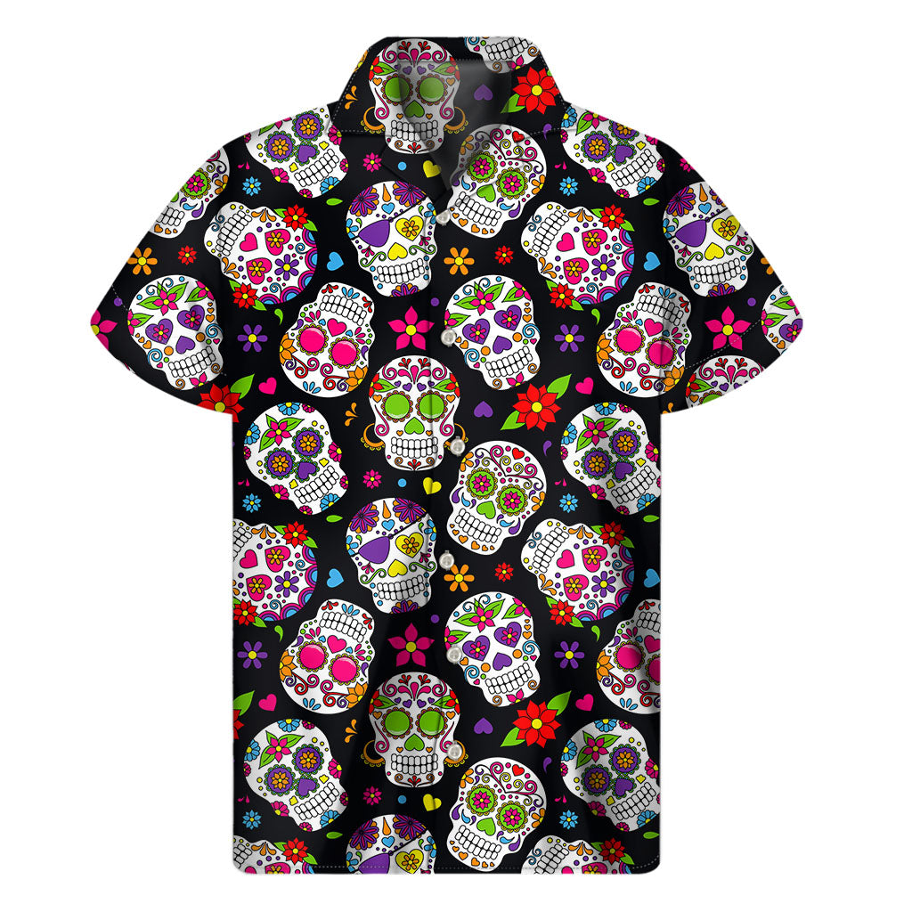 Sugar Skull Pattern Print Men's Short Sleeve Shirt