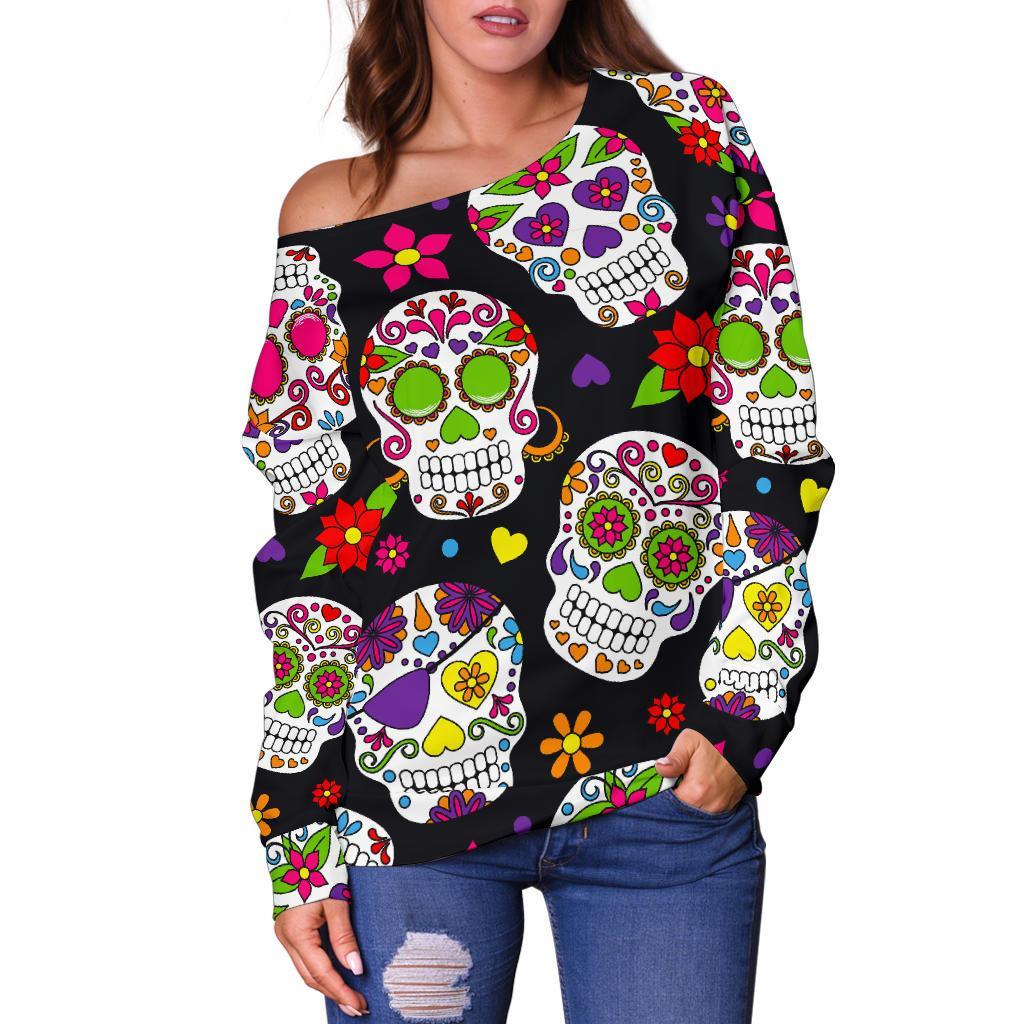 Sugar Skull Pattern Print Off Shoulder Sweatshirt GearFrost