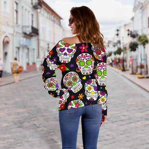 Sugar Skull Pattern Print Off Shoulder Sweatshirt GearFrost