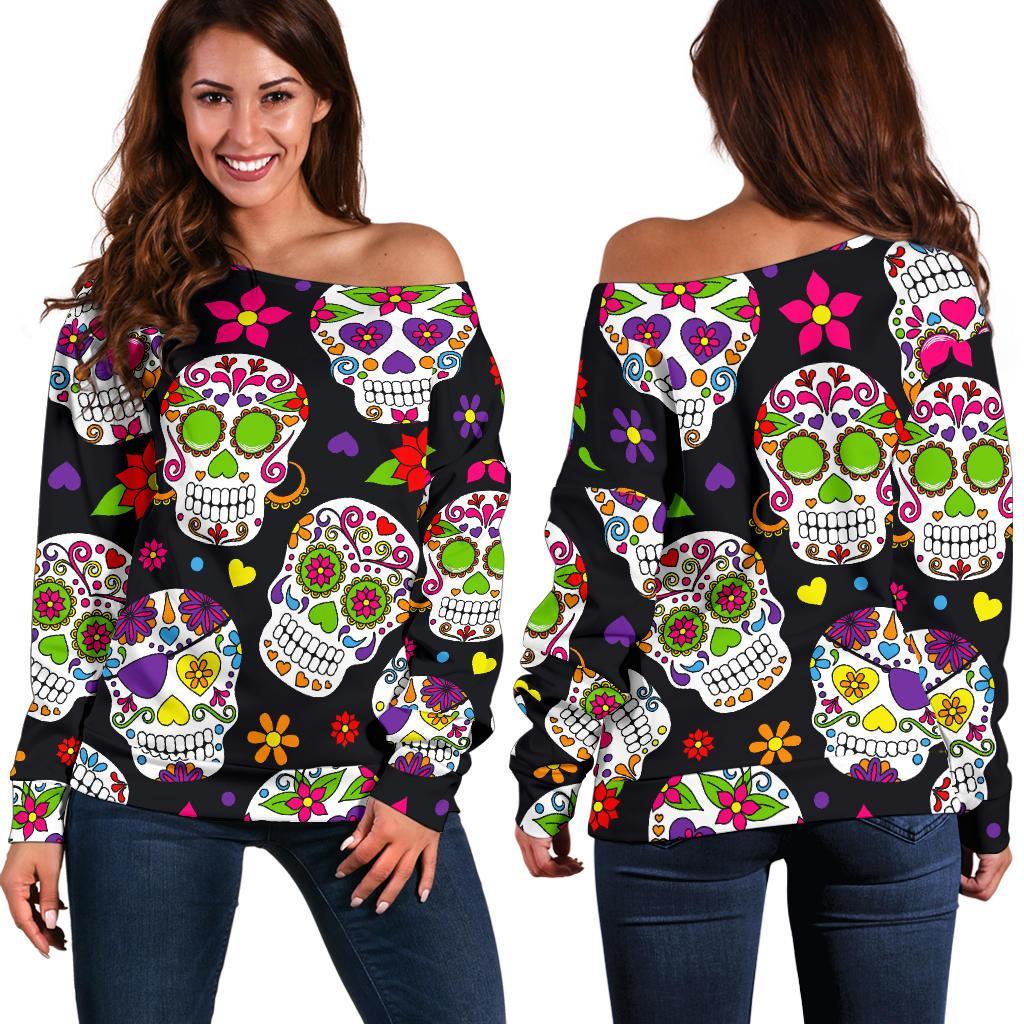 Sugar Skull Pattern Print Off Shoulder Sweatshirt GearFrost