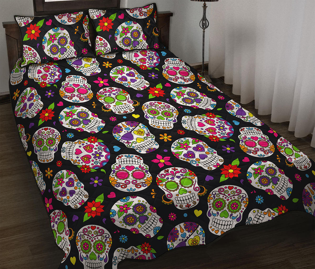 Sugar Skull Pattern Print Quilt Bed Set