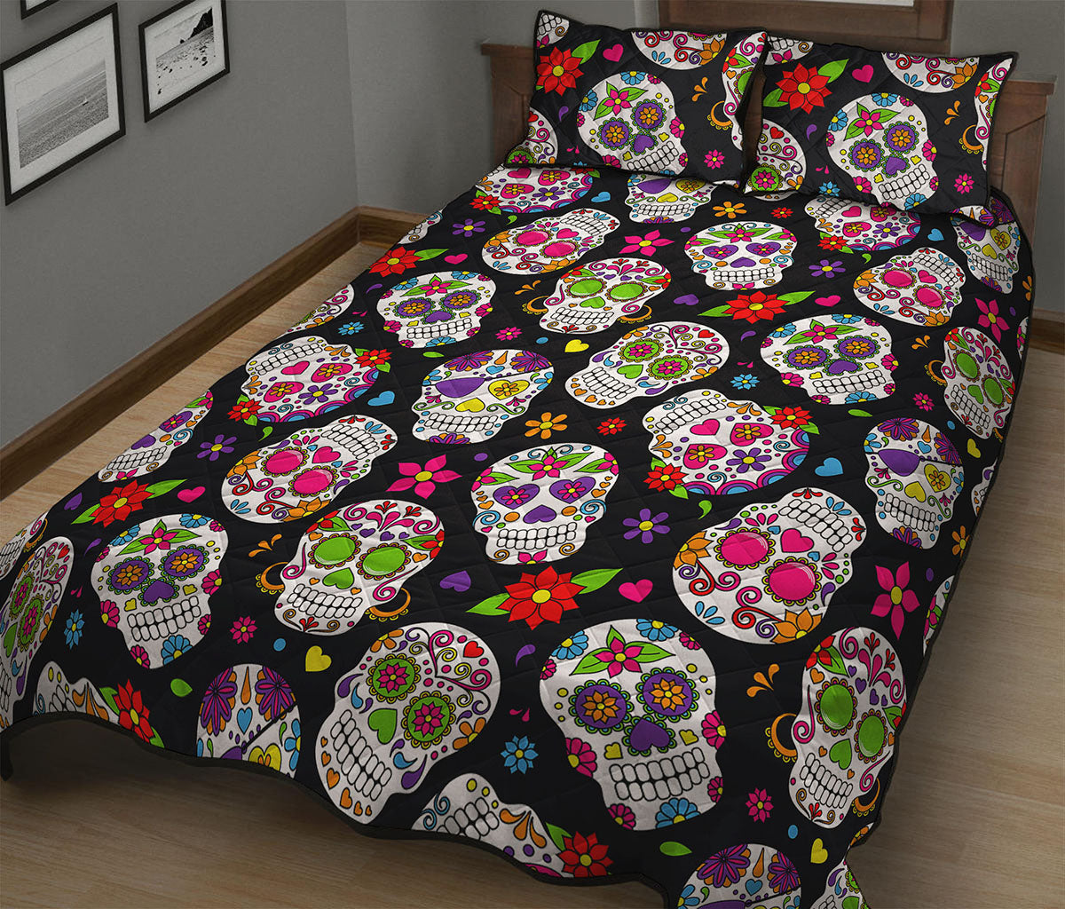 Sugar Skull Pattern Print Quilt Bed Set