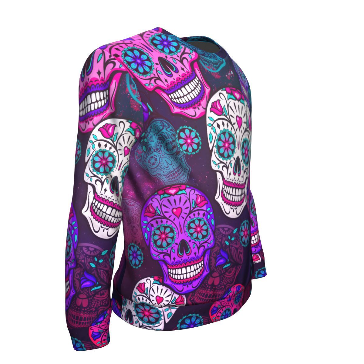 Sugar Skull Purple Teal Pattern Print Unisex Crewneck Sweatshirt GearFrost