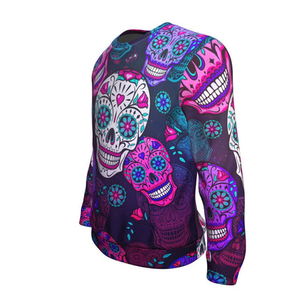 Sugar Skull Purple Teal Pattern Print Unisex Crewneck Sweatshirt GearFrost