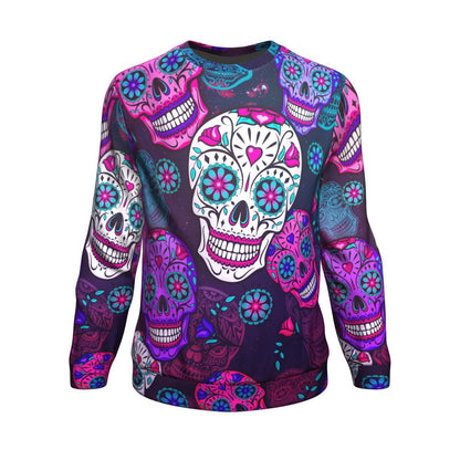 Sugar Skull Purple Teal Pattern Print Unisex Crewneck Sweatshirt GearFrost