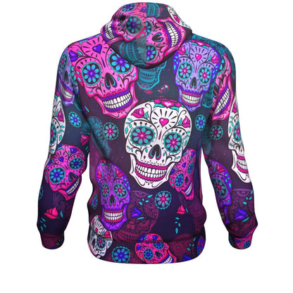 Sugar Skull Purple Teal Pattern Print Unisex Pullover Hoodie GearFrost