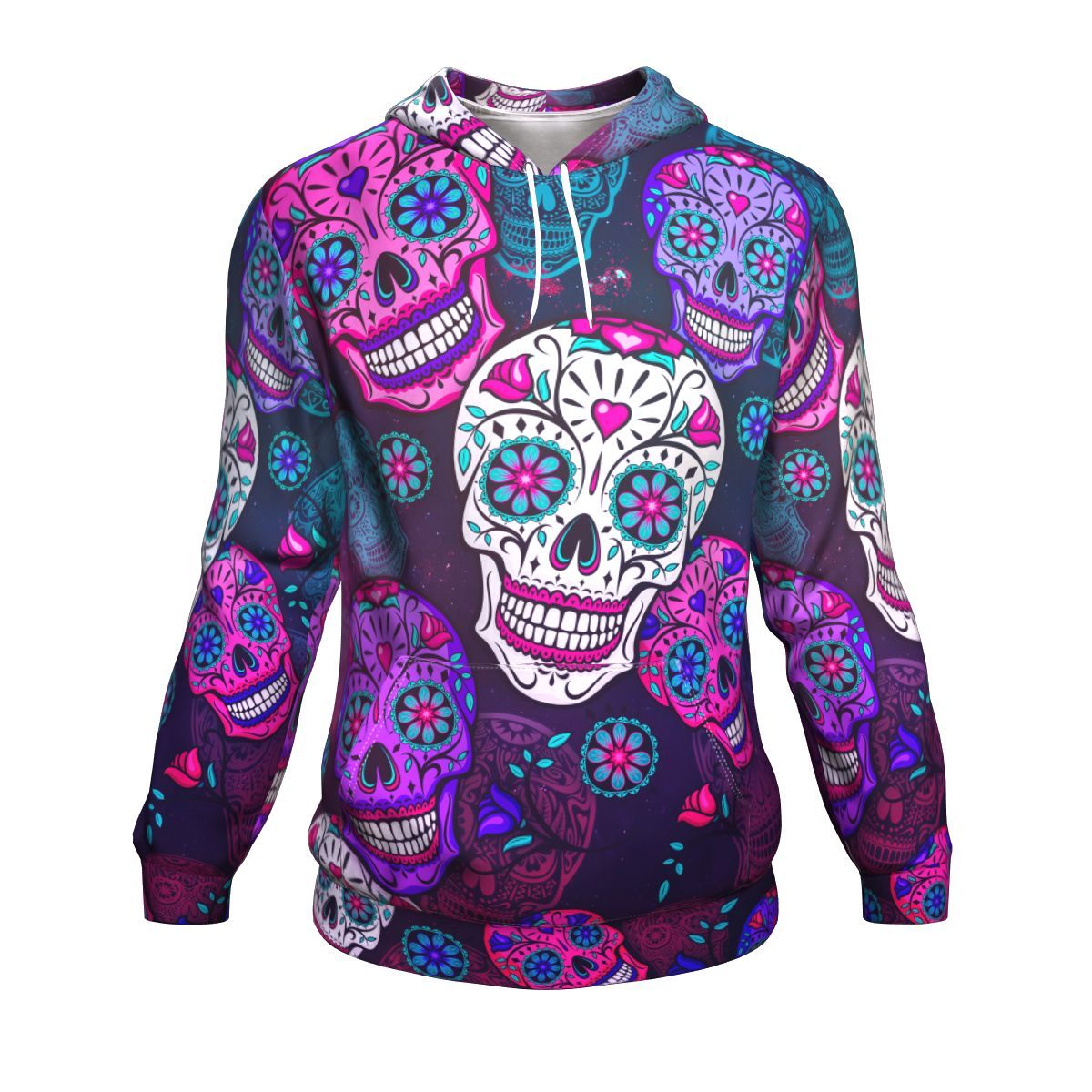 Sugar Skull Purple Teal Pattern Print Unisex Pullover Hoodie GearFrost
