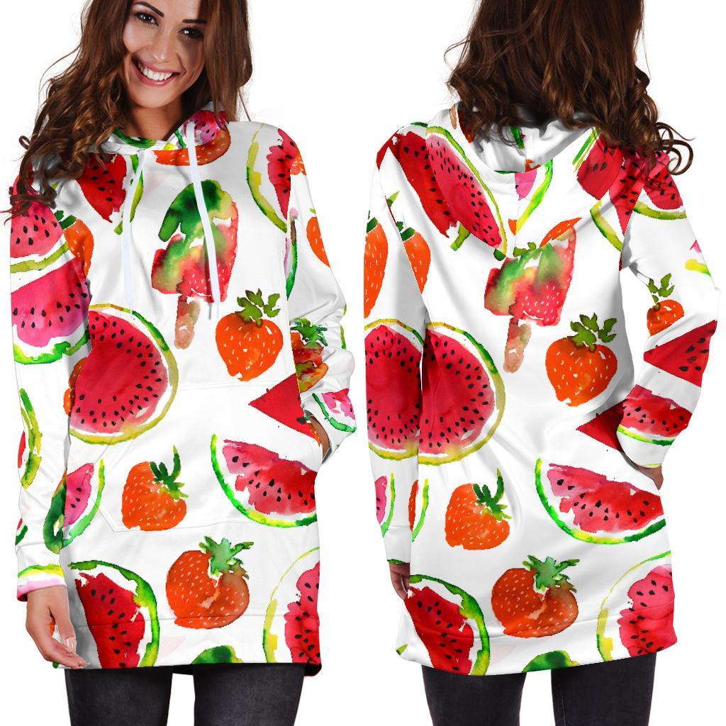 Summer Fruits Watermelon Pattern Print Hoodie Dress GearFrost
