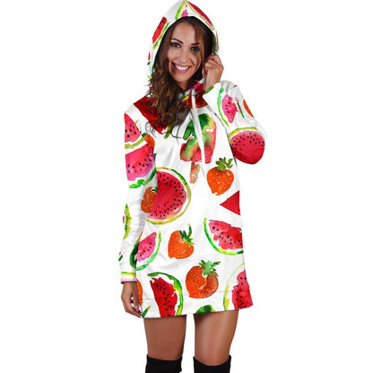Summer Fruits Watermelon Pattern Print Hoodie Dress GearFrost