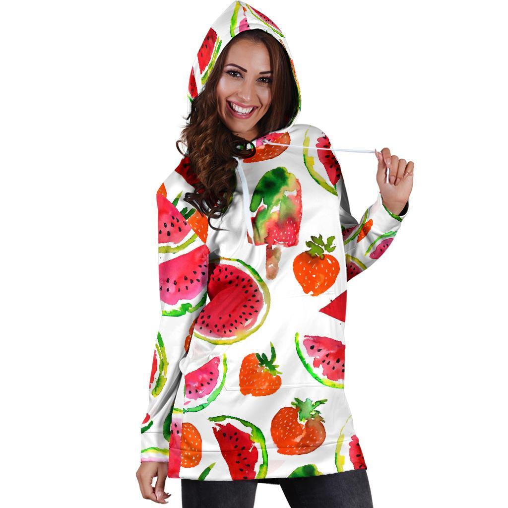 Summer Fruits Watermelon Pattern Print Hoodie Dress GearFrost