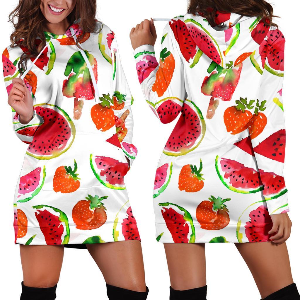 Summer Fruits Watermelon Pattern Print Hoodie Dress GearFrost