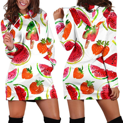 Summer Fruits Watermelon Pattern Print Hoodie Dress GearFrost