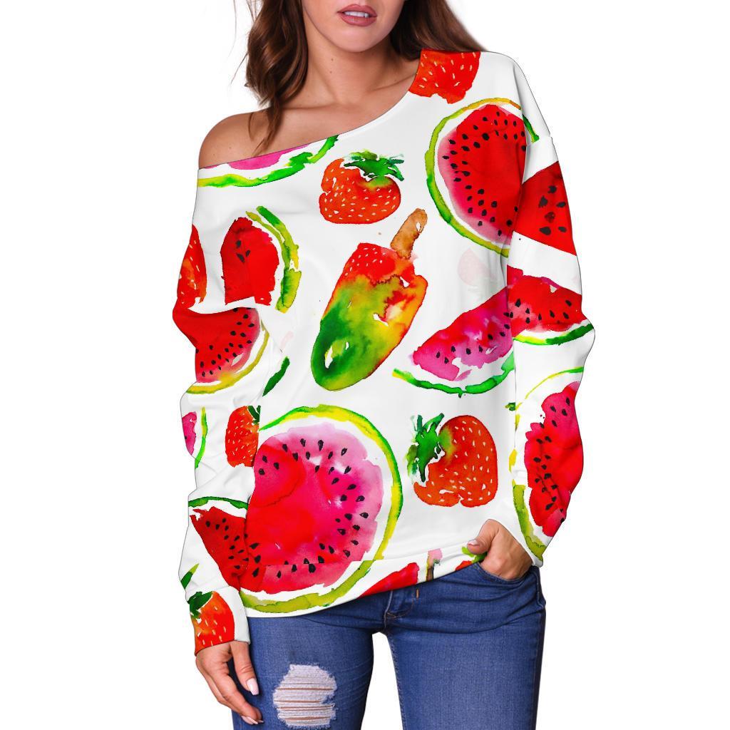 Summer Fruits Watermelon Pattern Print Off Shoulder Sweatshirt GearFrost