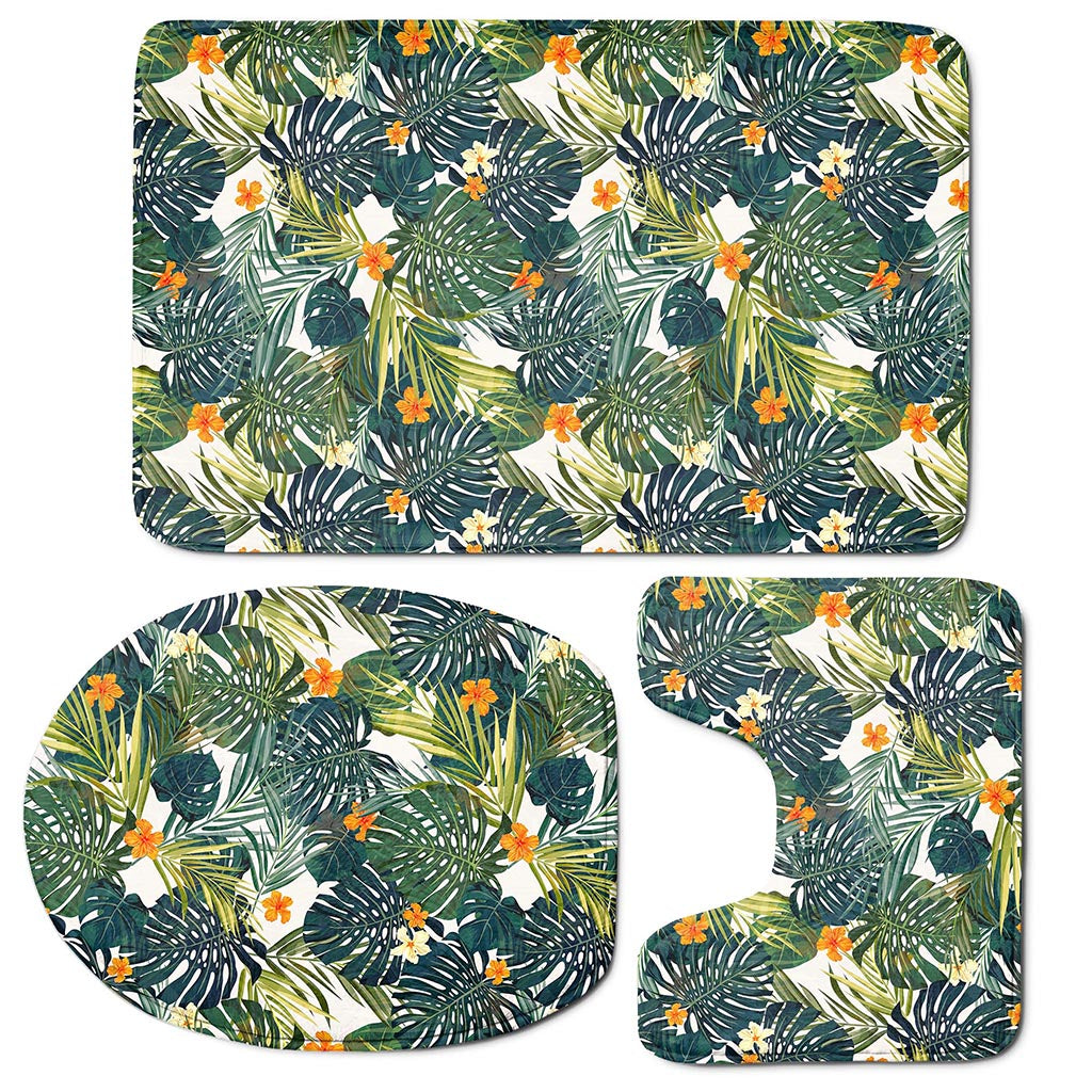 Summer Hawaiian Leaves Pattern Print 3 Piece Bath Mat Set