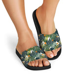 Summer Hawaiian Leaves Pattern Print Black Slide Sandals
