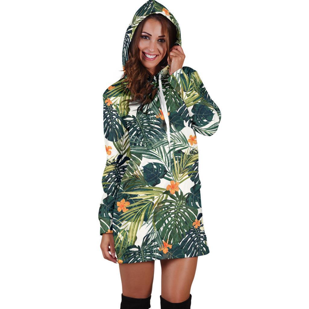 Summer Hawaiian Leaves Pattern Print Hoodie Dress GearFrost