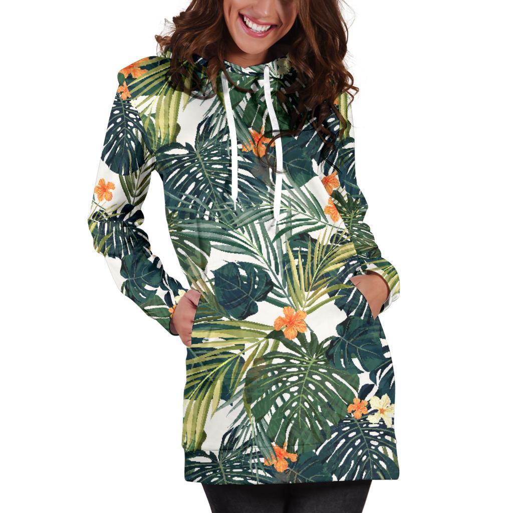 Summer Hawaiian Leaves Pattern Print Hoodie Dress GearFrost