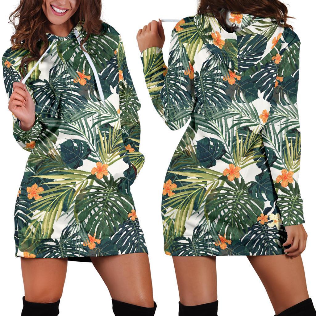 Summer Hawaiian Leaves Pattern Print Hoodie Dress GearFrost