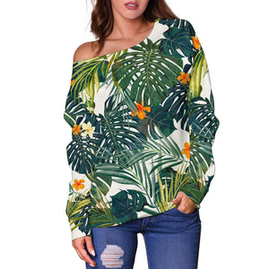 Summer Hawaiian Leaves Pattern Print Off Shoulder Sweatshirt GearFrost