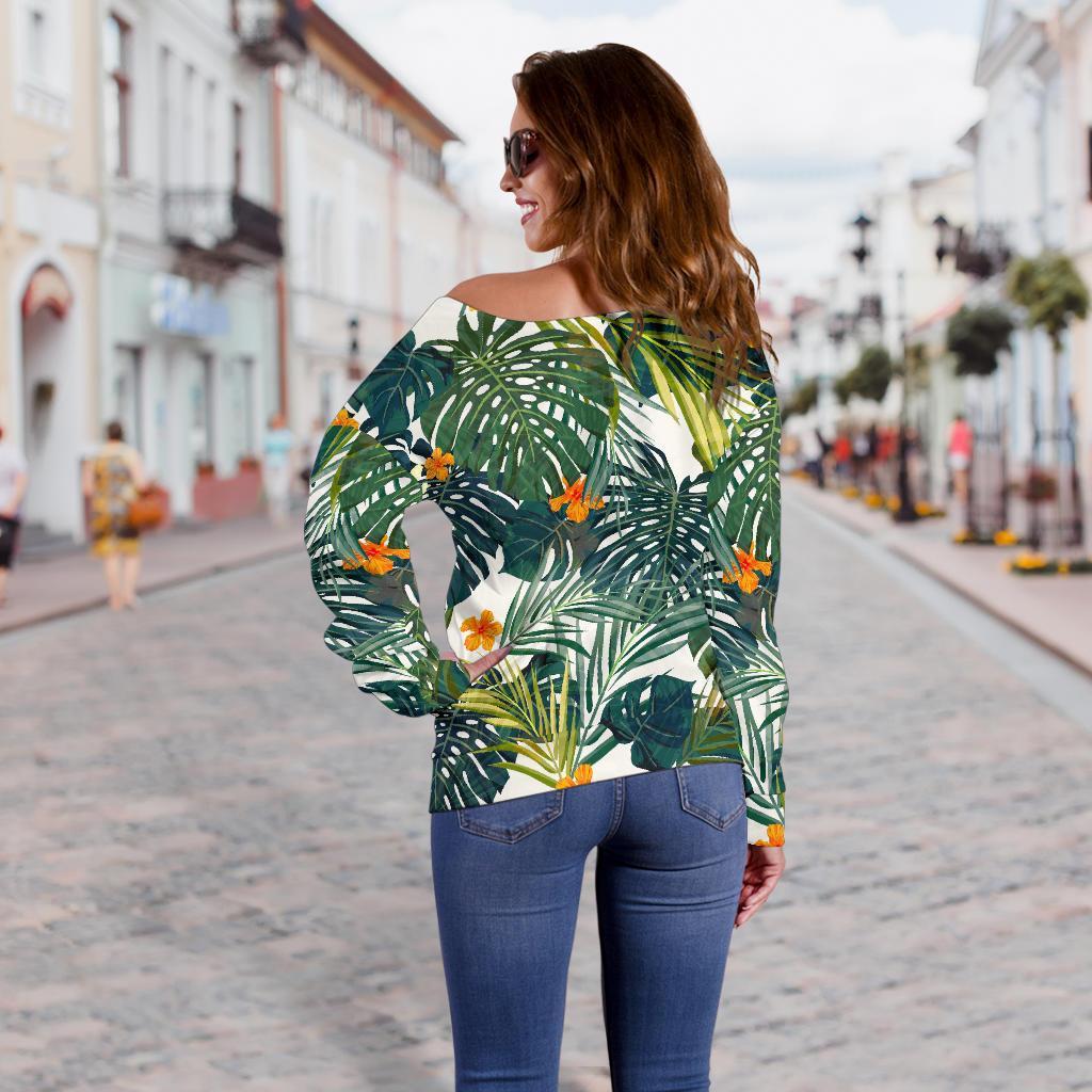 Summer Hawaiian Leaves Pattern Print Off Shoulder Sweatshirt GearFrost