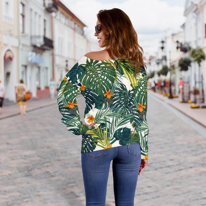 Summer Hawaiian Leaves Pattern Print Off Shoulder Sweatshirt GearFrost