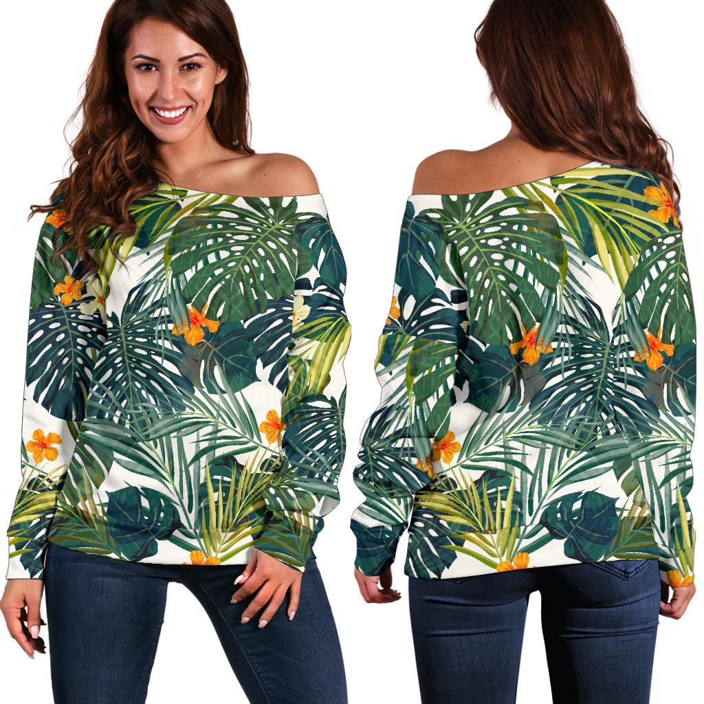 Summer Hawaiian Leaves Pattern Print Off Shoulder Sweatshirt GearFrost