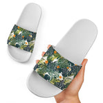 Summer Hawaiian Leaves Pattern Print White Slide Sandals