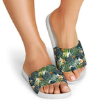 Summer Hawaiian Leaves Pattern Print White Slide Sandals