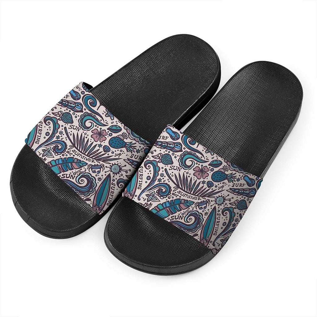Summer Surfing Pattern Print Black Slide Sandals