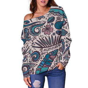 Summer Surfing Pattern Print Off Shoulder Sweatshirt GearFrost