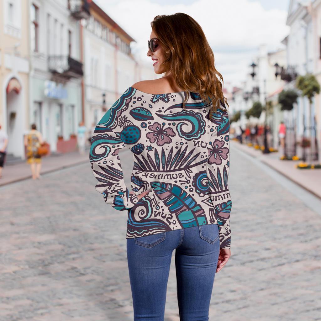 Summer Surfing Pattern Print Off Shoulder Sweatshirt GearFrost