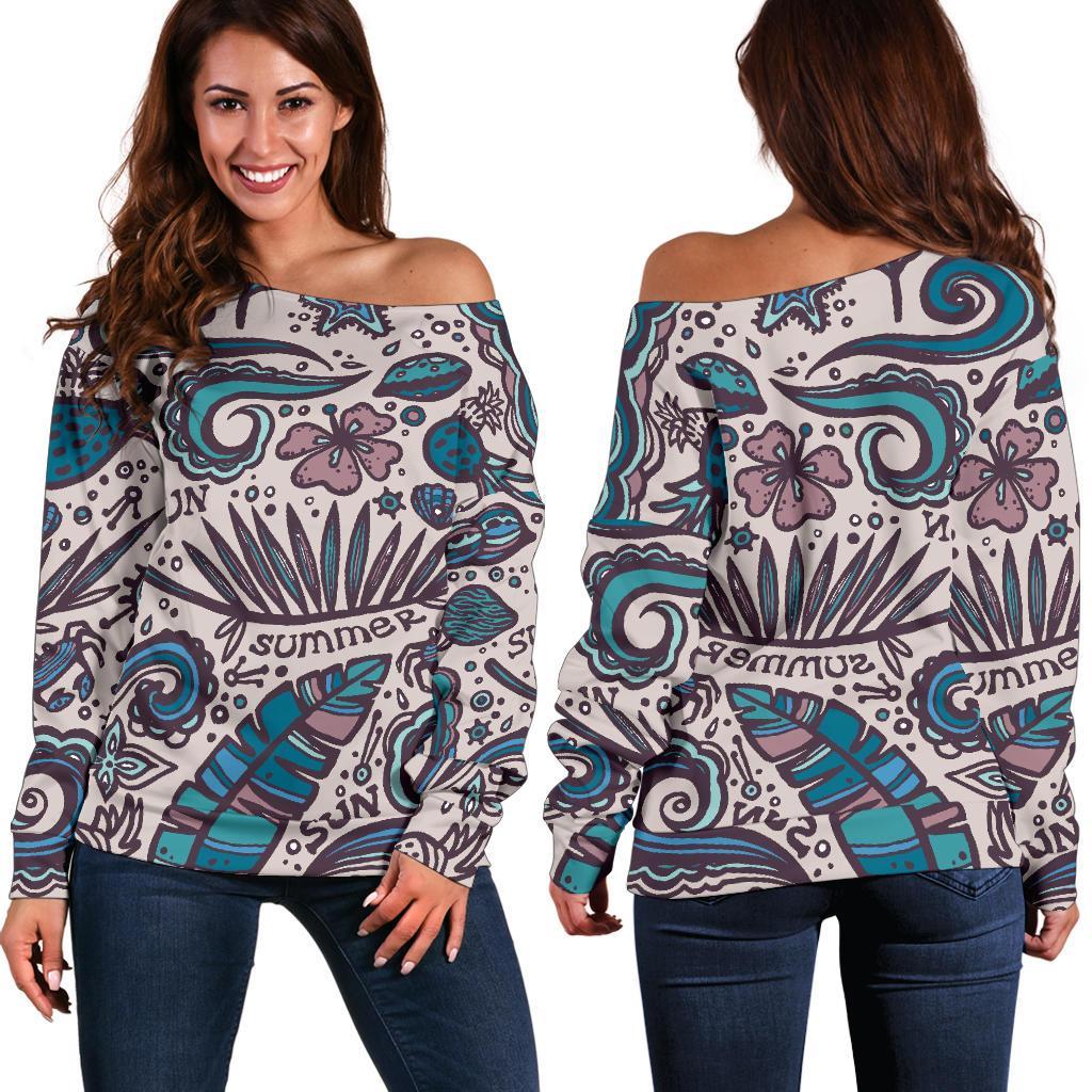 Summer Surfing Pattern Print Off Shoulder Sweatshirt GearFrost