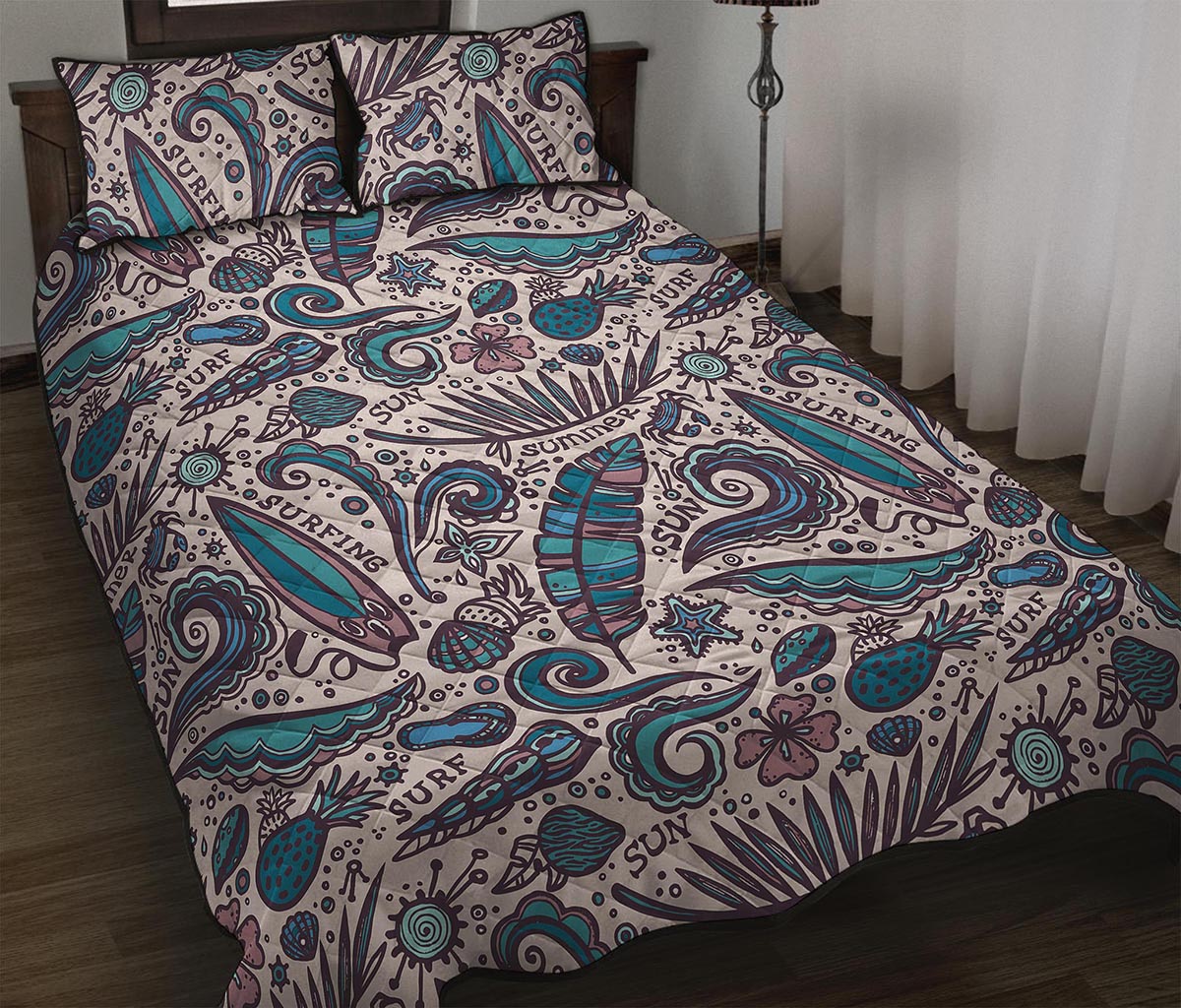 Summer Surfing Pattern Print Quilt Bed Set