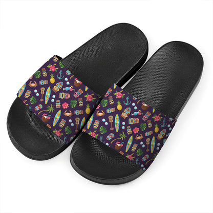 Summer Totem Pattern Print Black Slide Sandals