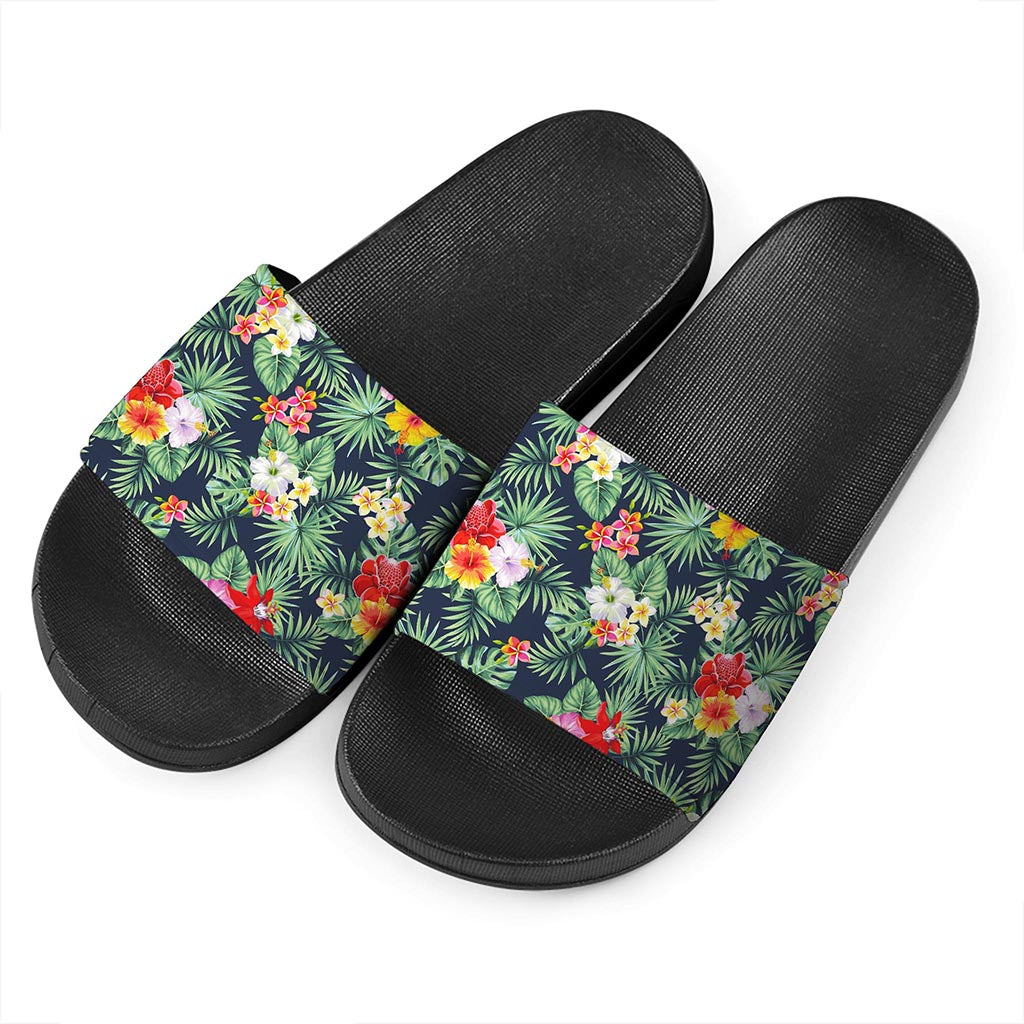 Summer Tropical Hawaii Pattern Print Black Slide Sandals