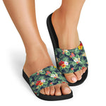 Summer Tropical Hawaii Pattern Print Black Slide Sandals