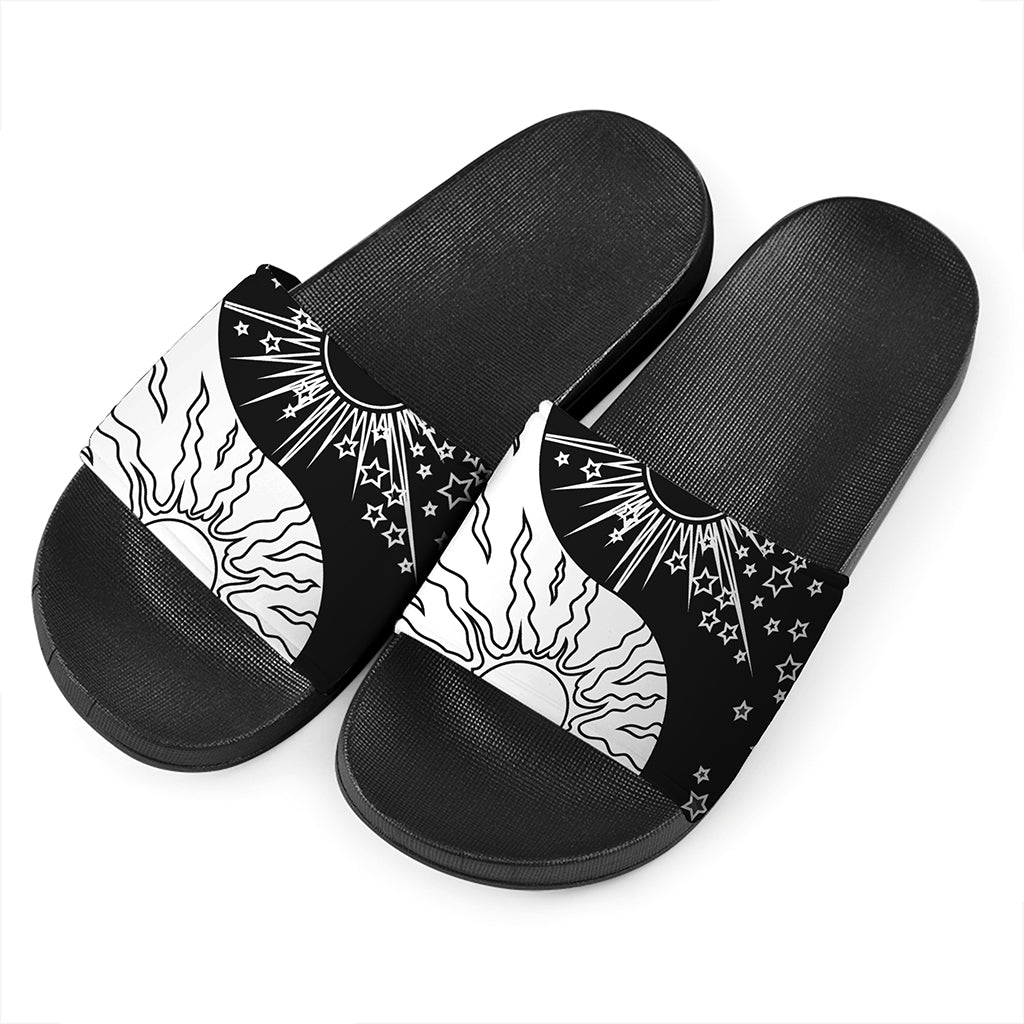 Sun And Moon Yin Yang Print Black Slide Sandals