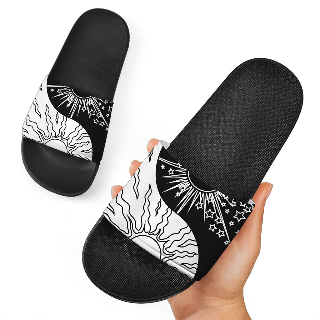 Sun And Moon Yin Yang Print Black Slide Sandals