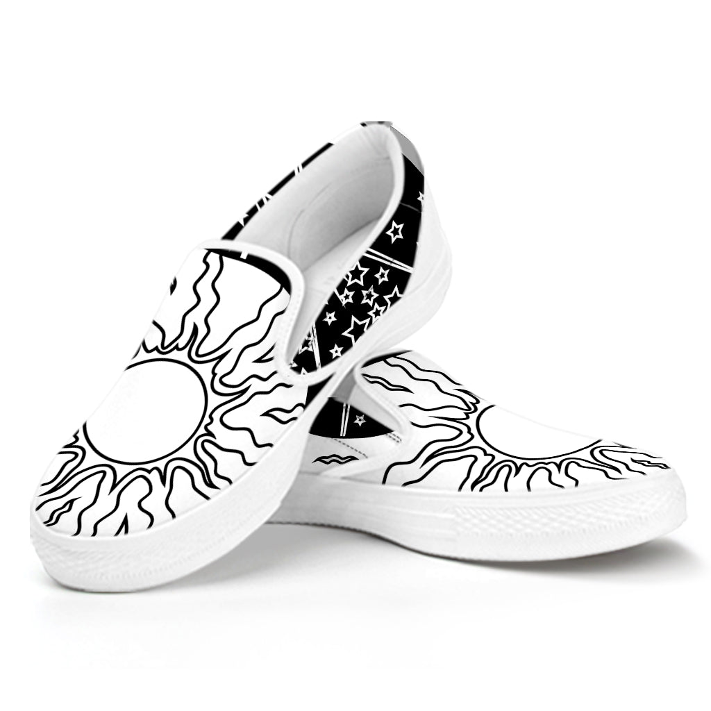 Sun And Moon Yin Yang Print White Slip On Shoes