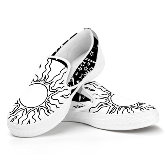 Sun And Moon Yin Yang Print White Slip On Shoes