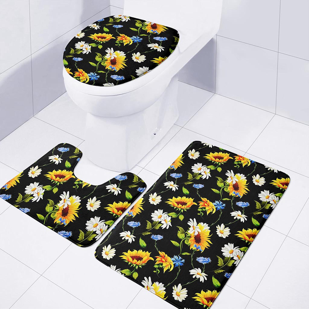 Sunflower Chamomile Pattern Print 3 Piece Bath Mat Set