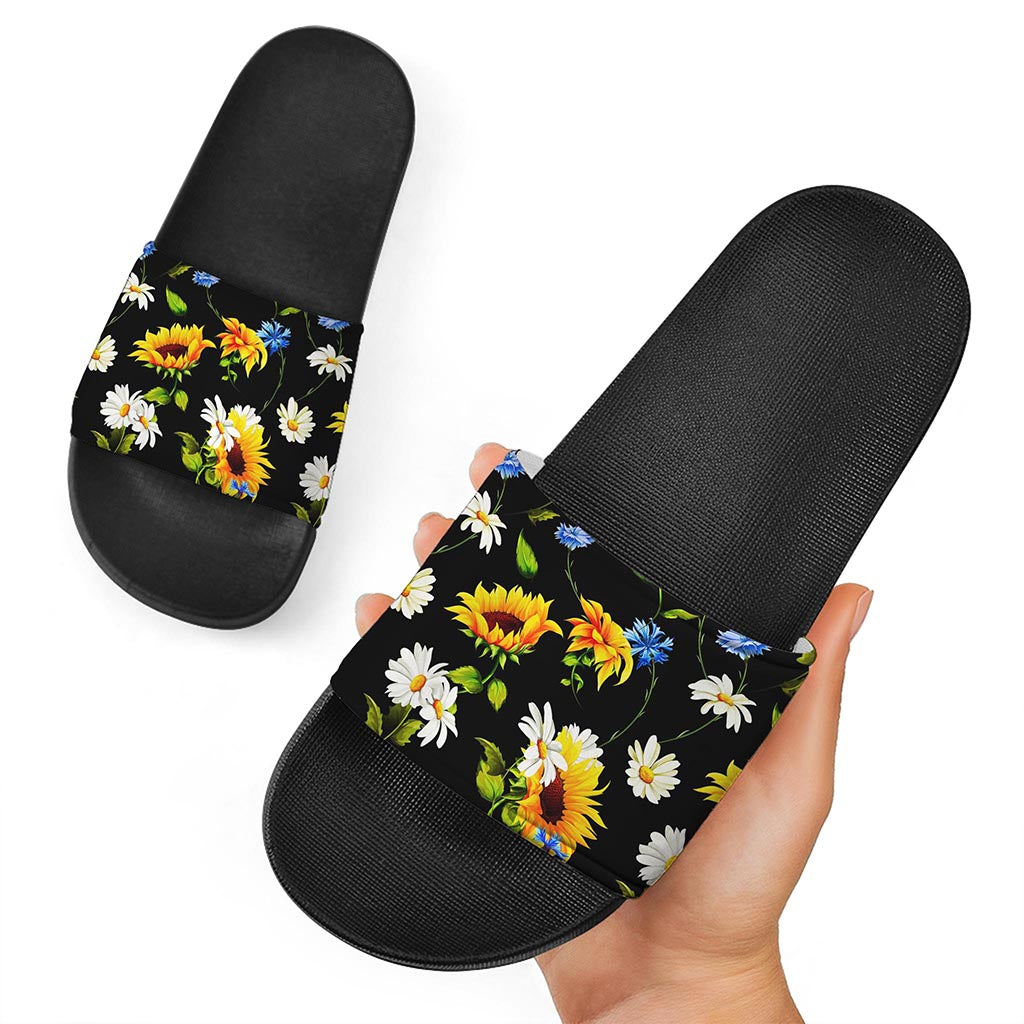 Sunflower Chamomile Pattern Print Black Slide Sandals