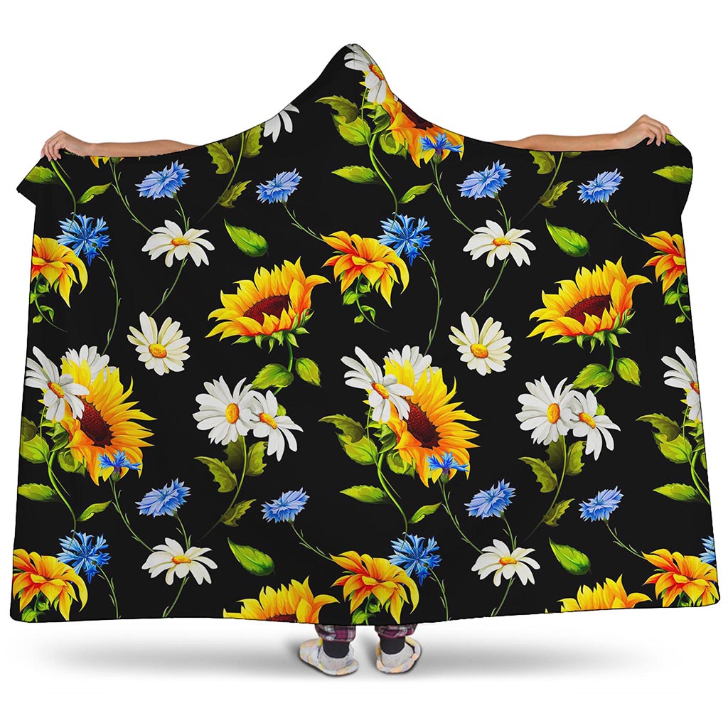 Sunflower Chamomile Pattern Print Hooded Blanket