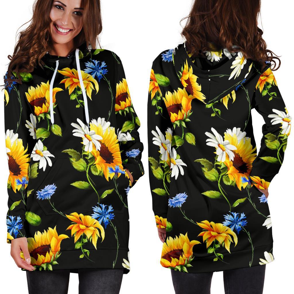 Sunflower Chamomile Pattern Print Hoodie Dress GearFrost